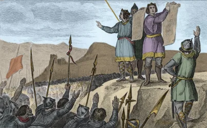 Carlos II (823-77) el Calvo y su hermano Luis el Germánico hacen tratado en Estrasburgo en 842 - Juramentos de Estrasburgo pronunciados por Carlos II el Calvo (823-877), Rey de Francia y Emperador de Occidente, y Luis el Germánico, 14 de febrero de 842 - G