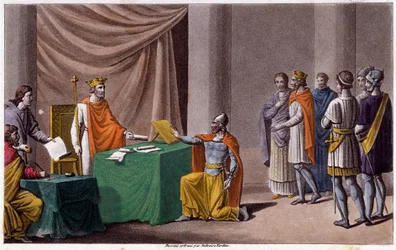 Carlos II el Calvo (823 - 877) firmó el Tratado de Verdún (843) con Luis II el Germánico (804 - 876). Diseñado y grabado por Ambroise Tardieu en 1825