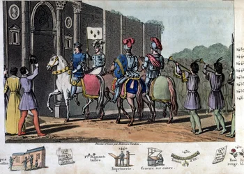 Carlos VII llamado “El Victorioso” (1403-1461). Los ingleses sitiaron Orleans, pero Juana de Arco levantó el sitio, liberó Orleans y llevó al rey a Reims en 1429. - Diseñado y grabado por Ambroise Tardieu en 1825.