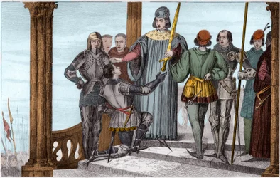 Carlos V (1358-80) el Sabio presenta su espada a Duguesdin - Carlos V el Sabio (1338-1380) presenta solemnemente la espada del condestable Bertrand du Guesclin (1320-1380) - Grabado de 1825 en “Histoire de France”
