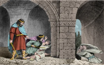 Childeberto I (c.498-558) en el asesinato de los herederos de sus hermanos - Childeberto I dejó que Clotario (Clothaire) masacrara a los hijos de su hermano Clodomiro, rey de Orleans, cuyos estados compartían - grabado de 1825 en “Histoire de France