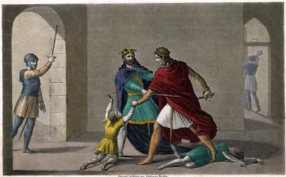 Childeberto I dejó que Clotario (Clotario) masacrara a los hijos de su hermano Clodomiro, rey de Orleans, cuyos estados compartieron. Diseñado y grabado por Ambroise Tardieu en 1825