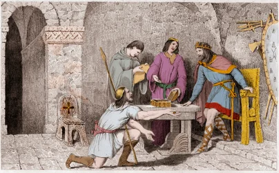 Childerico I (d481) y la historia de las dos mitades de la moneda de oro - Childerico I, antes de dejar Francia, había tomado la mitad de una pieza de oro, la otra mitad la había dado a Guyeman - Aproximadamente seis a ocho años después, Guyeman, viendo lo