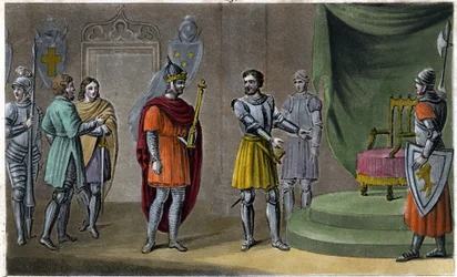 Chilperico II (670 - 721) fue colocado en el trono por Rainfroi en 715. Diseñado y grabado por Ambroise Tardieu en 1825