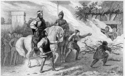 Clotario I (497-561) quema a su hijo rebelde y a su familia, 560 - Clotario I (497-561), Rey de los Francos, quema a su hijo Chramne y a su esposa en 560, quienes se rebelaron contra él - Grabado de 1825 en "Historia de Francia representada por pinturas si