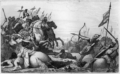 Clodión el Cabelludo (ca. 428-ca. 448) se retira cruzando el puente tras su derrota ante Aecio - Clodión, llamado «el Cabelludo» (ca. 428-ca. 448), antepasado de los merovingios y jefe de los francos salios - Clodión es derrotado por Aecio, general de