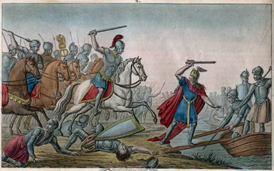 Clodión, llamado «el Cabelludo» (428-448), antepasado de los merovingios y jefe de los francos salios. Clodión fue derrotado por Aecio, general de Valentiniano III, quien lo obligó a volver a cruzar el Rin. Dibujado y grabado por Ambroise Tardieu en 1825.