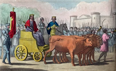 Clodoveo III (fallecido en 695), dinastía merovingia, rey de Austrasia de 691 a 695. Pepin de Heristal coloca la corona en la cabeza de Clodoveo III - Dibujo y grabado por Ambroise Tardieu en 1825