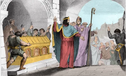 Clodoveo II (635-657) vendiendo plata y oro del santuario para alimentar a los pobres - Clodoveo II llamado “el Holgazán” para alimentar a los pobres hizo que se retiraran las láminas de oro y plata de la iglesia de Saint-Denis - Grabado de 1825 en “Histoi
