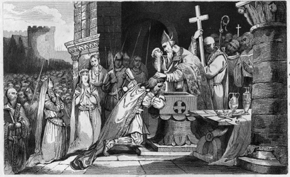 Clovis I (465-511) bautizado con hombres de su ejército antes de la Batalla de Tolbiac - Bautismo de Clovis I, 25 de diciembre de 496: el rey de los francos (466-511) es bautizado por San Remi (437-533), obispo de Reims, en la Iglesia de San Martín - graba