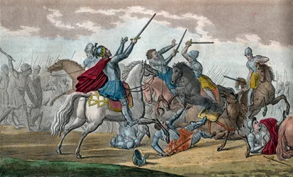 Clodoveo I (466-511), Rey de los Francos, Dinastía de los Merovingios - Durante la Batalla de Tolbiac contra los Alamanes, prometió convertirse al catolicismo si Dios le concedía la victoria - Dibujo y grabado por Ambroise Tardieu en 1825