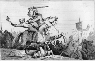 El conde Eudes defendiendo París contra los normandos en 885 - Eudes (Odon) (860-898), dinastía carolingia, lidera la batalla contra los normandos y defiende victoriosamente París (885 - 887) - Grabado de 1825 en “Histoire de France representado por pintur