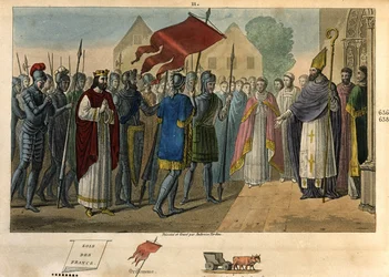 Dagoberto 603 a 639 bajando la bandera en St Denis - Dagoberto I (? - 639), Rey de los Francos, Dinastía de los Merovingios. Fundó la abadía de Saint Denis donde depositó el oriflama. Dibujado y grabado por Ambroise Tardieu en 1825.