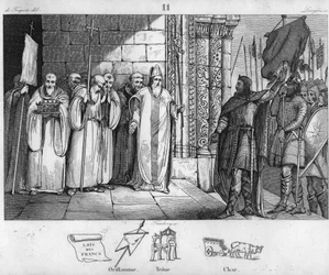 Dagoberto 603 a 639 bajando la bandera en St Denis - Dagoberto I, rey de los Francos, habiendo creado la abadía de Saint-Denis, deposita la oriflama alrededor de 634 - Grabado de 1825 en 