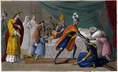 Muerte de Pepino de Herstal (635-714) rodeado de su familia - Muerte de Pepino de Herstal (abuelo de Pepino el Breve), rodeado de su familia y en presencia de Dagoberto III (714) - Dibujado y grabado por Ambroise Tardieu en 1825