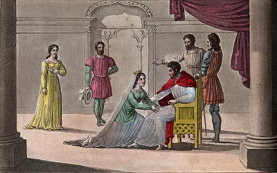 Emma de Francia (894-934) besando las rodillas de su esposo Raúl (circa 890-936) a quien eligió como rey durante la cautividad de Carlos III el Simple. Dibujado y grabado por Ambroise Tardieu en 1825
