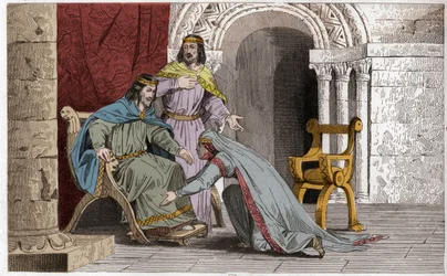 Emma besa la rodilla de su esposo Raoul (936) en reconocimiento de su soberanía - Emma de Francia (894-934) besando las rodillas de su esposo Raoul (ca. 890-936) a quien eligió como rey durante la cautividad de Carlos III el Simple - Grabado de 1825