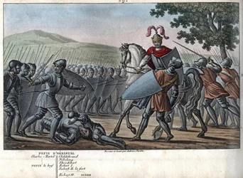 Eudes (Odon) (860 - 898), la dinastía carolingia, lideró la Batalla contra los normandos y defendió victoriosamente París (885 - 887) - Diseñado y grabado por Ambroise Tardieu en 1825.