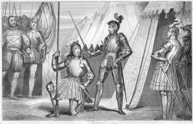 Francisco I de Francia solicitando ser nombrado caballero por el Caballero Bayard después de la victoria en la Batalla de Marignano, Italia