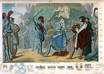Francisco I de Francia solicitando ser nombrado caballero por el Caballero Bayard después de la victoria en la Batalla de Marignano, Italia