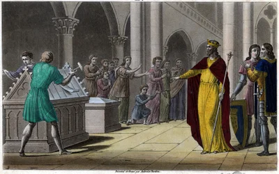 Grimoaldo, hijo de Pepino el Viejo, Alcalde del Palacio de Austrasia (642) bajo Sigeberto III. Diseñado y grabado por Ambroise Tardieu en 1825