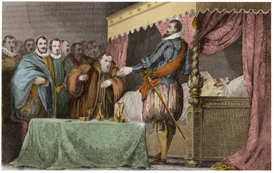 Enrique III (1551-1589), Rey de Francia, reconoce en su lecho de muerte a Enrique de Navarra (Enrique IV) como su legítimo sucesor - Saint-Cloud, 2 de agosto
