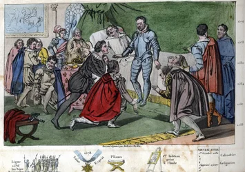 Enrique III (1551 - 1589) tercer hijo de Enrique II y Catalina de Medici (Caterina de Medici). La muerte del Duque de Anjou pasó a Enrique III el derecho de sucesión a la corona en 1574. - Diseñado y grabado por Ambroise Tardieu en 1825.