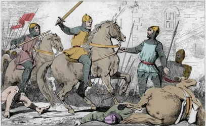 Hugo Capeto (941-996) captura a Carlos de Lorena en 988 - Fin de la dinastía carolingia, 988: arresto de Carlos (953-991), duque de Baja Lorena, por Hugo Capeto (941-996) y su ejército - Grabado de 1825 en “Historia de Francia representada por pinturas sin