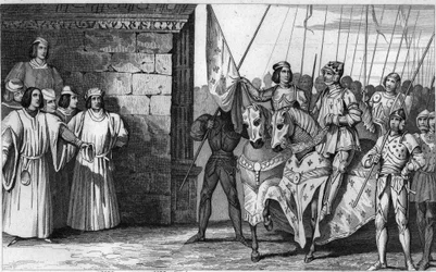 Juana de Arco (1412-31) llega a Reims en 1429 para esperar la coronación de Carlos VII (1403-61) - Carlos VII, llamado «el Victorioso» (1403-1461) - Los ingleses sitiaron Orleans, pero Juana de Arco levantó el sitio, liberó Orleans y condujo al rey a Reims
