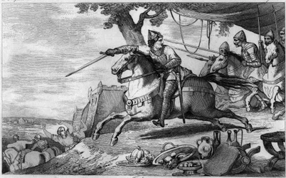 Lotario (941-986) lidera su ejército en la batalla (Aquisgrán) - Lotario (941-986), Dinastía de los Merovingios - Luchó contra el Emperador Germánico Otón I y el ataque por sorpresa en Aquisgrán - Grabado de 1825 en “Histoire de France representada por
