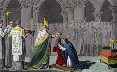 Luis III (863-82) y Carlomán (865-84) coronados juntos - Luis III (c. 863 - 882) y Carlomán (? - 884) son consagrados y coronados el mismo día (en 879) en la Abadía de Ferrières en Gâtinais - Diseñado y grabado por Ambroise Tardieu en 1825