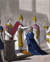 Luis II fue consagrado por segunda vez en el Concilio de Troyes por Juan VIII en 879 (detalle). Diseñado y grabado por Ambroise Tardieu en 1825