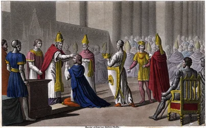 Luis II fue consagrado por segunda vez en el Concilio de Troyes por Juan VIII en 879. Diseñado y grabado por Ambroise Tardieu en 1825