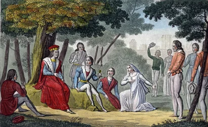 Luis IX, conocido como "San Luis" (1214-1270) impartiendo justicia a todos sus súbditos en el bosque de Vincennes - Diseñado y grabado por Ambroise Tardieu en 1825.