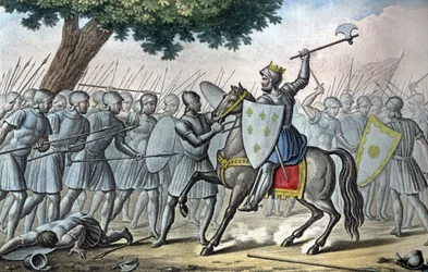 Luis VI, conocido como “el Gordo” (1081 - 1137), en la batalla de Brenneville, intenta quitar Normandía al Rey Enrique I en 1119. - Diseñado y grabado por Ambroise Tardieu en 1825