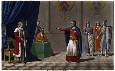 Luis V el Holgazán (c. 967-987), proclamado Rey de Francia por la protección de Hugo Capeto, futuro rey de Francia, en 986. Dibujado y grabado por Ambroise Tardieu en 1825