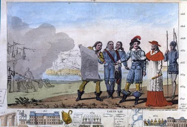 Luis XIII (1601-1643) y el Cardenal Richelieu en el sitio de La Rochelle, plaza de armas de los protestantes. - Diseñado y grabado por Ambroise Tardieu en 1825.