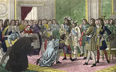 Luis XIV (1638-1715), rodeado de su familia y las figuras más importantes de la Corte, presenta a su nieto Felipe V a los enviados de España como su nuevo rey en 1700