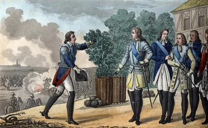 Luis XV (1710-1774). El Rey y el Delfín asisten a la Batalla de Fontenoy, que fue muy importante para el resultado de la guerra de Sucesión Austriaca. El Mariscal de Sajonia ganó la Batalla de Fontenoy en 1748 - Diseñado y grabado por Ambroise Tard