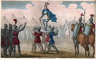 Faramundo I (c370-427), Rey de los Francos. Elevado en un escudo por su pueblo que lo ha elegido rey - Faramundo, reconocido por los francos-salios y los galos unidos en un solo pueblo, es elevado en un escudo y paseado por el campamento en triunfo - Legen