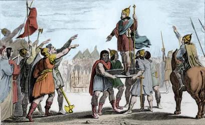 Faramundo I (c370-427), Rey de los Francos. Elevado en un escudo por su pueblo que lo ha elegido rey - Faramundo, reconocido por los francos-salios y los galos reunidos en un solo pueblo, es elevado en un escudo y paseado por el campamento en triunfo