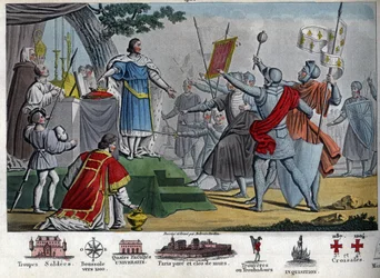 Felipe II (1165-1223), Rey Capeto, conocido como "Augusto", propone dar su corona a sus soldados si son capaces de mantenerla un día antes de la Batalla de Bouvines, pero todos prefieren mantener a su rey. Al ganar esta batalla, Felipe II destruyó una coal