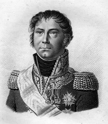 Retrato del General Becker que escoltó a Napoleón I en 1815 al lugar de su embarque hacia Santa Elena después de los 100 días - en "Portraits des Généraux Français" (grabado por Ambroise Tardieu en 1818, Colección Stella)