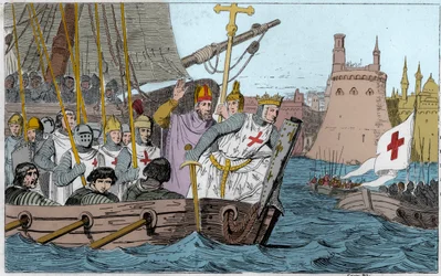 Séptima Cruzada: el Rey San Luis (1214-1270) y los cruzados sitiando Damieta en junio de 1249 en el Bajo Egipto - Séptima Cruzada a Tierra Santa 1248-50 - San Luis IX (1214-70) lidera a sus tropas en batalla - Grabado de 1825 en “Historia de Francia repres