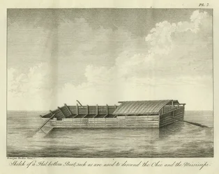 Boceto de un bote de fondo plano, como los que se usan para descender el Ohio y el Mississippi, publicado en 1826