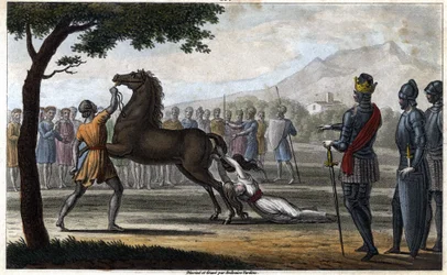 La muerte de la reina Brunilda de Austrasia, una princesa visigoda, casada con el rey Sigeberto I de Austrasia - Muerte de Brunehaut (o Brunehilde) ordenada por Clotario II (613). Dibujado y grabado por Ambroise Tardieu en 1825