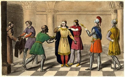 Thierry III es llevado de la abadía de Saint Denis para ascender al trono. Diseñado y grabado por Ambroise Tardieu en 1825