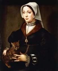 Retrato de una dama de tres cuartos, con traje oscuro, sosteniendo un gato