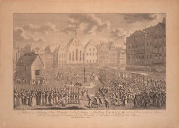 Procesión de coronación de Francisco II desde la Catedral de Frankfurt hasta Römerberg en julio de 1792