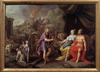 Representación de Orfeo en el inframundo: Orfeo, con su lira, pide permiso a Zeus para reunirse con Eurídice en el Inframundo. Pintura de Ambrosius Francken (1544-1618), siglo XVII. Nimes, Museo de Bellas Artes.